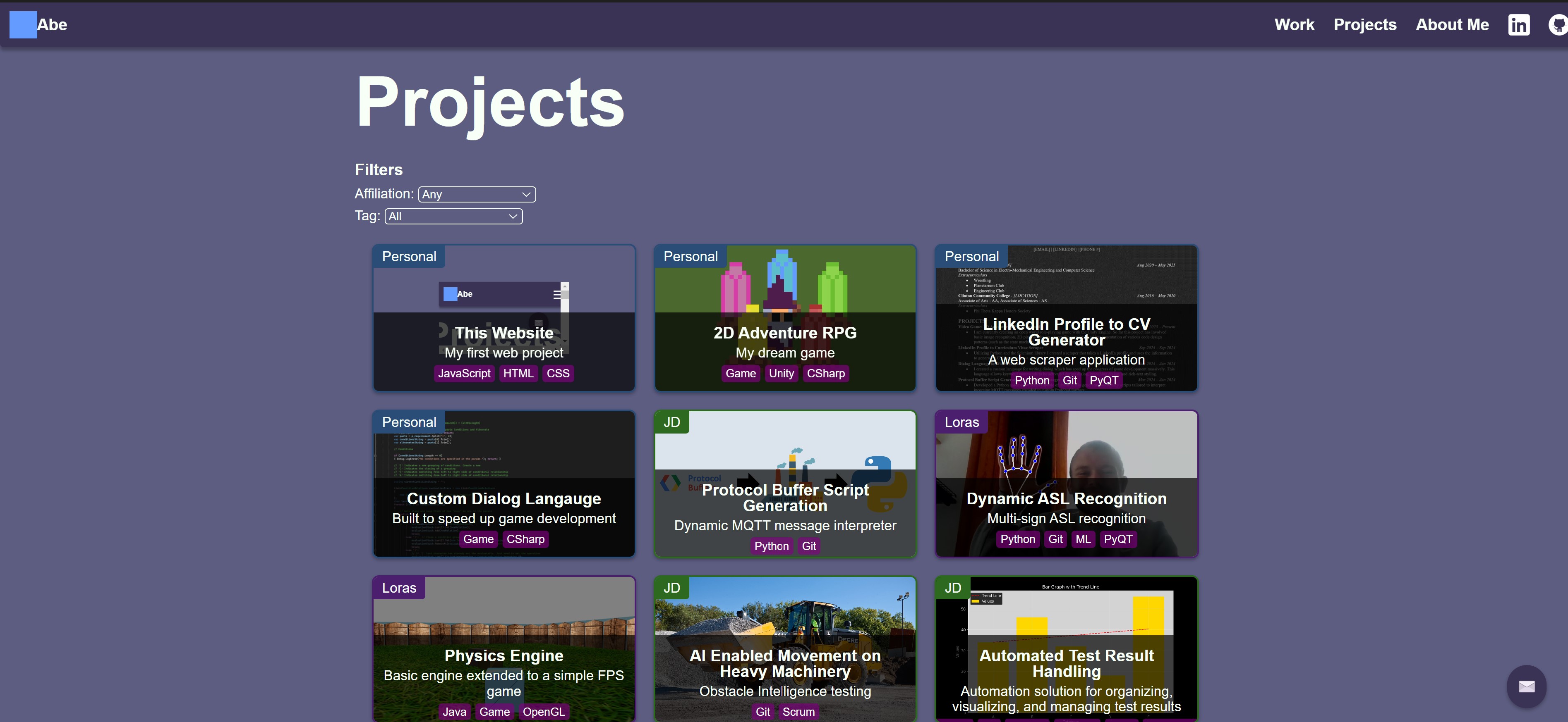A screen shot of the projects page